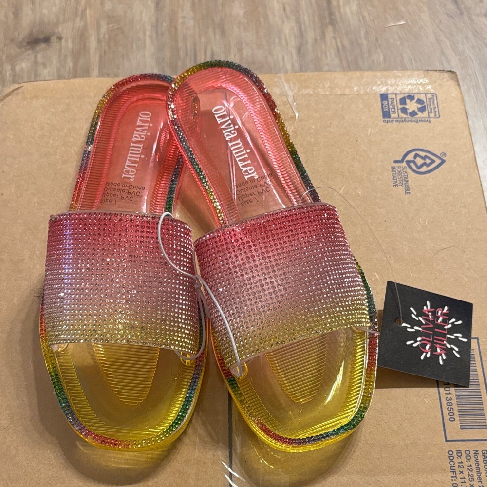 NWT Olivia Miller Pink-to-Yellow Jeweled Slide Sandals size 7